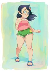 Rule 34 | 1girl, artist name, black hair, blue footwear, blush, border, breasts, butterfly hair ornament, clenched hand, closed mouth, cloudxmoe, collarbone, commentary, english commentary, english text, full body, glasses, green background, green eyes, green shorts, hair ornament, highres, looking at viewer, looking to the side, medium breasts, midriff peek, navel, open hand, pointy ears, round eyewear, sandals, shadow, shorts, solo, standing, the owl house, thick thighs, thighs, white border, willow park, yellow-framed eyewear