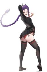 Rule 34 | 1girl, arms up, ass, black footwear, black gloves, black shirt, black skirt, braid, braided ponytail, chikujouin magane, commentary, commission, english commentary, fangs, full body, gloves, lifting own clothes, long hair, looking at viewer, looking back, panties, purple hair, re:creators, red panties, school uniform, shirt, skirt, solo, staiksdono, standing, thighhighs, twisted torso, underwear, very long hair, yellow eyes