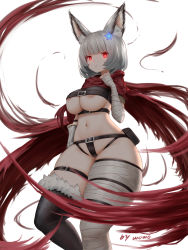 Rule 34 | 1girl, animal ears, areola slip, artist name, asymmetrical legwear, bandaged arm, bandaged leg, bandages, belt, belt pouch, breasts, bright pupils, crop top, curvy, expressionless, fur trim, highres, large breasts, mismatched legwear, neu (purusawa), original, pouch, red eyes, scarf, silver hair, simple background, solo, thick thighs, thigh strap, thighhighs, thighs, underboob, underbust, white background, wide hips, wolf ears, wowowo-chan