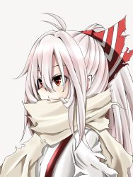 Rule 34 | 1girl, bow, commentary, covered mouth, fujiwara no mokou, grey scarf, hair bow, long hair, looking to the side, ponytail, red bow, red eyes, scarf, shirt, sidelocks, solo, suspenders, torn bow, torn clothes, torn scarf, torn shirt, touhou, tsune (tune), two-tone bow, upper body, white background, white bow, white hair, white shirt