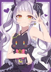 Rule 34 | 1girl, animal ears, bare arms, bare shoulders, black dress, black ribbon, blush, bow, cat ears, cat tail, center frills, closed mouth, criss-cross halter, divergenceok, dress, frilled dress, frilled ribbon, frills, grey hair, hair bow, hair ribbon, halter dress, halterneck, hand up, heart, highres, holding, hololive, long hair, looking at viewer, murasaki shion, murasaki shion (gothic lolita), red bow, ribbon, shiokko (murasaki shion), sidelocks, sleeveless, sleeveless dress, smile, solo, tail, twintails, two side up, virtual youtuber, yellow eyes