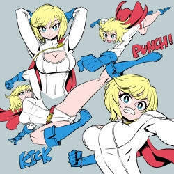 Rule 34 | 1girl, animification, blonde hair, blue eyes, blue gloves, boots, breasts, cape, cleavage cutout, clothing cutout, commentary, dc comics, english commentary, english text, gloves, highleg, highleg leotard, large breasts, leotard, looking at viewer, power girl, short hair, smile, solo, sunafuki tabito, superhero costume, superman (series), thighs