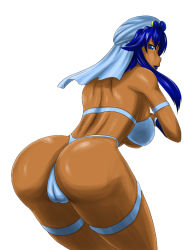 Rule 34 | 1girl, arabian clothes, arabian moon, ass, blue hair, breasts, cameltoe, cleft of venus, dark-skinned female, dark skin, female focus, huge ass, irem, large breasts, lipstick, makeup, ml, perfect soldiers, revealing clothes, simple background, solo, thong