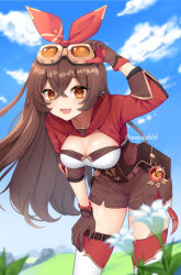 Rule 34 | 1girl, amber (genshin impact), blue sky, breasts, brown eyes, brown gloves, brown hair, brown shorts, cleavage, cloud, cloudy sky, genshin impact, gloves, goggles, goggles on head, grass, hair between eyes, hair ribbon, holding, holding goggles, jacket, leaning forward, long hair, long sleeves, looking at viewer, medium breasts, megota, on grass, open mouth, outdoors, pouch, red gloves, red jacket, red ribbon, ribbon, short shorts, shorts, sky, smile, solo, thighhighs, twitter username