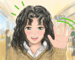 Rule 34 | 1boy, 2girls, amagami, black hair, blazer, blurry, depth of field, eyelashes, facing viewer, green eyes, hallway, hand up, indoors, lips, long hair, looking at viewer, messy hair, multiple girls, offter, open collar, open mouth, school hall, school uniform, sky, smile, solo focus, sweater, tanamachi kaoru, upper body, waving