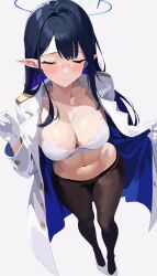 Rule 34 | 1girl, black hair, black pantyhose, blue archive, blue hair, blush, bra, breasts, chikoku, cleavage, closed eyes, coat, collarbone, colored inner hair, glasses, gloves, grey-framed eyewear, halo, highres, large breasts, multicolored hair, open clothes, open coat, pantyhose, pointy ears, rin (blue archive), round eyewear, simple background, solo, stomach, sweat, thighhighs, two-sided coat, two-sided fabric, two-tone hair, underwear, white background, white bra, white coat, white footwear, white gloves