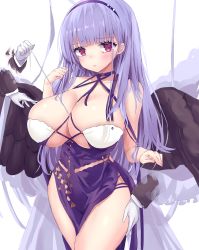 Rule 34 | 1girl, azur lane, bare shoulders, black wings, blush, breasts, cleavage, closed mouth, criss-cross halter, dido (anxious bisque doll) (azur lane), dido (azur lane), disembodied hand, dress, feathered wings, gloves, hairband, halter dress, halterneck, headband, highres, huge breasts, large wings, long dress, long hair, looking at viewer, multiple hands, purple dress, purple eyes, purple hairband, silver hair, thick thighs, thighs, white gloves, wings, yuuki shuri