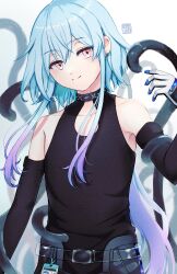 Rule 34 | 1boy, absurdres, arknights, black gloves, black shirt, blue hair, blush, cleavage cutout, clothing cutout, collarbone, colored tips, earclip, elbow gloves, gloves, head tilt, highres, id card, infection monitor (arknights), long hair, looking at viewer, male focus, mizuki (arknights), multicolored hair, pink eyes, purple hair, ritsuka sakura, shirt, simple background, sleeveless, sleeveless shirt, smile, solo, split mouth, tentacles, transparent belt, trap, two-tone gloves, upper body, white background, white gloves