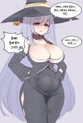 Rule 34 | 1girl, @ @, belly, black gloves, blush, breasts, circe (last origin), cleavage, dress, gloves, green eyes, grey hair, hat, highres, huge breasts, korean text, large breasts, last origin, long hair, manme, navel, open mouth, skindentation, smile, solo, translation request, very long hair, witch, witch hat