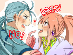 Rule 34 | 1boy, 1girl, arche klein, blue eyes, blue hair, blush, chester burklight, earrings, english text, gloves, heart, long hair, open mouth, pink background, pink eyes, pink hair, ponytail, scarf, tales of (series), tales of phantasia