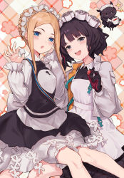 Rule 34 | 2girls, abigail williams (fate), abigail williams (festival outfit) (fate), alternate costume, apron, bkko, black gloves, black skirt, blonde hair, bloomers, blue eyes, blush, braid, breasts, cup, dress, enmaided, fate/grand order, fate (series), forehead, french braid, gloves, grey jacket, heroic spirit festival outfit, highres, jacket, katsushika hokusai (fate), katsushika hokusai (festival outfit) (fate), long hair, long sleeves, looking at viewer, maid, maid headdress, multiple girls, octopus, official alternate costume, open clothes, open jacket, open mouth, parted bangs, purple eyes, purple hair, short hair, sidelocks, sitting, skirt, smile, sugar cube, teacup, thighs, tokitarou (fate), underwear, white apron, white bloomers, white dress