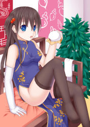 Rule 34 | 1girl, blue eyes, brown hair, china dress, chinese clothes, dress, elbow gloves, gloves, ikeda yuuki, long hair, md5 mismatch, no panties, no shoes, original, single elbow glove, solo, thighhighs