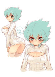 Rule 34 | 1girl, bad id, bad pixiv id, blush, breasts, cleavage, cleavage cutout, clothing cutout, cropped torso, genderswap, genderswap (mtf), german text, green eyes, green hair, johan andersen, large breasts, looking at viewer, looking back, matching hair/eyes, meme attire, multiple views, open-chest sweater, ribbed sweater, short hair, sweater, thighhighs, tobi (one), turtleneck, upper body, white background, yu-gi-oh!, yu-gi-oh! gx