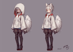 Rule 34 | 1girl, animal ear fluff, animal ears, arms at sides, black footwear, black pantyhose, blue skirt, blush, boots, closed mouth, dated, fox ears, fox girl, fox tail, full body, grey background, high heel boots, high heels, hood, hood down, hood up, japanese clothes, long sleeves, miniskirt, multiple views, original, pantyhose, ponytail, red eyes, red ribbon, ribbon, short hair, sidelocks, signature, simple background, skirt, sleeves past fingers, sleeves past wrists, smile, standing, suzuno (bookshelf), tail, tassel, thick eyebrows, thigh boots, thighhighs, twitter username, wide sleeves