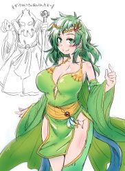 Rule 34 | 1girl, blue eyes, blush, breasts, cleavage, closed mouth, detached sleeves, final fantasy, final fantasy iv, green eyes, green hair, hair ornament, jewelry, large breasts, long hair, looking at viewer, mindflayer, miura keikou, aged up, rydia (ff4), simple background, smile, thighhighs, white background