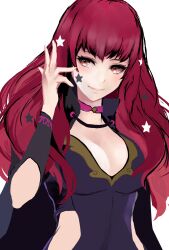 Rule 34 | 1girl, absurdres, black cape, bodysuit, breasts, cape, choker, cleavage, closed mouth, clothing cutout, eyelashes, facial mark, fire emblem, fire emblem engage, hair ornament, hand up, high collar, highres, jack (kairuhaido), large breasts, long hair, looking to the side, nintendo, pink choker, pink hair, purple bodysuit, red eyes, side cutout, simple background, smile, solo, star (symbol), star facial mark, star hair ornament, white background, yunaka (fire emblem)