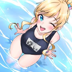 Rule 34 | 1girl, arms behind back, black one-piece swimsuit, blonde hair, blue eyes, blush, breasts, collarbone, commentary request, eyelashes, from above, hair bun, hair ornament, heart, heart hair ornament, highres, idolmaster, idolmaster cinderella girls, larmen sennin, long hair, looking at viewer, looking up, medium breasts, name tag, ohtsuki yui, one-piece swimsuit, one eye closed, open mouth, school swimsuit, single hair bun, smile, solo, swimsuit, teeth, thighs, upper teeth only, water, wavy hair, wristband