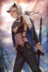 Rule 34 | 10s, 1boy, animal ears, armor, ascot, backless outfit, belt, black pants, braid, brooch, building, buttons, closed mouth, clothing cutout, cloud, collared shirt, erune, from below, frown, granblue fantasy, hair ribbon, hand on own hip, highres, holding, holding sword, holding weapon, jacket, jewelry, long hair, looking at viewer, male focus, off shoulder, pants, parted bangs, petals, pillar, pocket, red eyes, ribbon, seruel, shirt, side cutout, signature, silver hair, single braid, sky, solo, standing, sword, tailcoat, tenyo0819, vest, weapon, white shirt