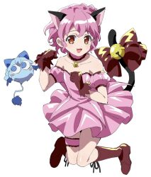 Rule 34 | 1boy, :d, animal ears, bare shoulders, bell, blue eyes, blue hair, boots, bow, brown eyes, cat ears, cat tail, choker, commentary request, cosplay, creature, crossdressing, detached sleeves, dorothy west, dress, edamame (buruburu), fang, full body, fur choker, gloves, hands up, highres, jingle bell, kneeling, looking at viewer, male focus, masha (tokyo mew mew), masha (tokyo mew mew) (cosplay), mew ichigo, mew ichigo (cosplay), mole, mole under eye, open mouth, paw pose, pink dress, pink hair, pretty series, pripara, puffy detached sleeves, puffy sleeves, red choker, red footwear, red gloves, reona west, short hair, simple background, smile, strapless, strapless dress, tail, tail bell, tail bow, tail ornament, thigh strap, tokyo mew mew, trap, white background