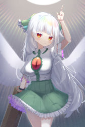 Rule 34 | albino, alternate hair color, arm cannon, bird wings, bow, breasts, colored eyelashes, control rod, cowboy shot, frilled skirt, frills, green bow, green skirt, hair bow, highres, kiramarukou, large breasts, long hair, pointing, puffy short sleeves, puffy sleeves, red eyes, reiuji utsuho, short sleeves, skirt, star (sky), sun, sunlight, third eye, touhou, weapon, white background, white hair, white wings, wings