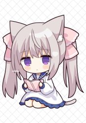Rule 34 | 1girl, animal ear fluff, animal ears, blue sailor collar, blush stickers, book, bow, cat ears, cat girl, cat tail, chibi, closed mouth, commentary request, dress, full body, grey hair, hair bow, highres, holding, holding book, long hair, long sleeves, looking at viewer, nakkar, open book, original, pink bow, puffy long sleeves, puffy sleeves, purple eyes, sailor collar, sailor dress, seiza, signature, sitting, solo, tail, twintails, very long hair, white background, white dress