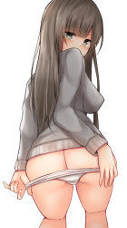 Rule 34 | 1girl, ass, blunt bangs, brown hair, covered erect nipples, cowboy shot, from behind, grey sweater, highres, kneepits, leaning forward, long hair, long sleeves, looking at viewer, looking back, mizushina minato, original, panties, simple background, solo, sweater, thighs, underwear, undressing, white background, white panties
