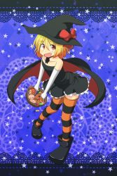 Rule 34 | 1girl, basket, black dress, blonde hair, cape, cato (monocatienus), costume, dress, elbow gloves, embodiment of scarlet devil, fang, female focus, gloves, hair ribbon, halloween, hat, highres, open mouth, ribbon, rumia, sleeveless, sleeveless dress, smile, solo, star (symbol), striped clothes, striped thighhighs, tareme, thighhighs, touhou, white gloves, witch hat, zettai ryouiki