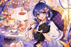 Rule 34 | 1girl, absurdres, ahoge, aononchi, blue eyes, blue hair, blue nails, bouquet, bow, bracelet, braid, cake, cake stand, candy, capelet, chair, chocolate, cup, cupcake, dark blue hair, double-parted bangs, dress, feet out of frame, flower, food, frilled dress, frills, fruit, glass teapot, hair bow, hair ornament, highres, hiiro momiji, holding, holding candy, holding food, holding lollipop, holding stuffed toy, indie virtual youtuber, indoors, jam, jewelry, leaf, leaf hair ornament, lollipop, long hair, looking at viewer, macaron, maple leaf, multicolored eyes, multicolored nails, official art, orange bow, orange eyes, orange flower, orange nails, parted lips, plaid, plaid dress, pom pom (clothes), pom pom hair ornament, purple dress, purple flower, ramekin, red flower, sandwich, saucer, sitting, smile, solo, strawberry, string of flags, stuffed animal, stuffed cat, stuffed toy, table, tablecloth, tea, teacup, teapot, teaspoon, tiered tray, twin braids, vase, virtual youtuber, white capelet, window, yellow nails