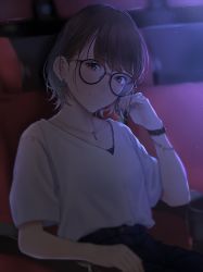 Rule 34 | 1girl, absurdres, bad id, bad pixiv id, black-framed eyewear, blurry, blurry background, blush, brown eyes, brown hair, chair, closed mouth, collarbone, earrings, glasses, hand up, highres, indoors, jewelry, looking at viewer, mole, mole under eye, movie theater, nail polish, necklace, original, saitou (lynx-shrike), shirt, short hair, short sleeves, sitting, smile, solo, watch, white shirt