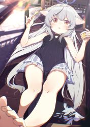 Rule 34 | 1girl, absurdres, animal ear fluff, animal ears, bare arms, bare legs, bare shoulders, barefoot, black dress, black hair, blue archive, blush, bow, breasts, dress, grey hair, hair bow, hands up, highres, holding, holding spoon, indoors, kokona (blue archive), layered skirt, long hair, looking at viewer, multicolored hair, okota mikan, on bed, parted lips, pleated skirt, red eyes, skirt, sleeveless, sleeveless dress, small breasts, soles, solo, spoon, streaked hair, sweat, table, very long hair