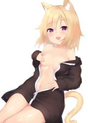 Rule 34 | 1girl, :d, animal ear fluff, animal ears, black jacket, blonde hair, blush, breasts, cat ears, cat girl, cat tail, covering nipples, covering privates, fang, highres, hood, hood down, hooded jacket, jacket, looking at viewer, naked jacket, navel, open mouth, original, purple eyes, sakuma hiragi, simple background, small breasts, smile, solo, tail, white background