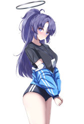 Rule 34 | 1girl, absurdres, black shirt, blue archive, blue jacket, gym uniform, halo, highres, id card, jacket, official alternate costume, partially unzipped, ponytail, purple eyes, purple hair, ruko (user zdfp4487), shirt, simple background, solo, sportswear, star (symbol), sticker on face, track jacket, white background, yuuka (blue archive), yuuka (track) (blue archive)