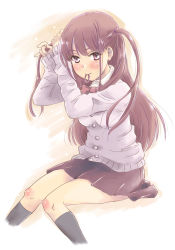 Rule 34 | 1girl, achiga school uniform, adjusting hair, atarashi ako, black socks, blush, bow, bowtie, brown hair, cardigan, closed mouth, commentary request, dress shirt, hair tie, hair tie in mouth, highres, long hair, looking at viewer, miniskirt, mouth hold, pink cardigan, pleated skirt, red bow, red bowtie, red skirt, saki, saki (manga), saki achiga-hen, school uniform, shirt, sitting, skirt, smile, socks, solo, takahashi mugi, two side up, white shirt