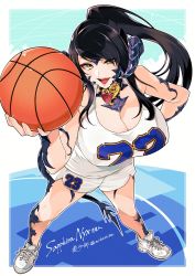 Rule 34 | 1girl, absurdres, au ra, ball, basketball, basketball (object), basketball jersey, basketball uniform, black hair, breasts, character name, choker, cleavage, commission, eyes visible through hair, fictional persona, final fantasy, final fantasy xiv, foreshortening, from above, highres, holding, holding ball, large breasts, long hair, looking at viewer, minchia, ponytail, sapphira nyx, scales, second-party source, shorts, solo, sportswear, warrior of light (ff14), yellow eyes