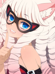 Rule 34 | 1girl, animal ears, blue eyes, cat ears, cat girl, curly hair, female focus, finger to face, glasses, ikr, open mouth, smile, solo, tagme, upper body