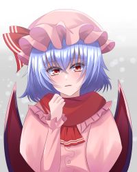 Rule 34 | 1girl, bow, dress, hair between eyes, hair bow, head tilt, highres, long hair, looking at viewer, open mouth, pink dress, pink headwear, red bow, red eyes, red neckwear, red wings, remilia scarlet, silver hair, solo, souyoru, touhou, upper body, white background, wings