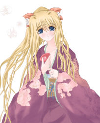 Rule 34 | alcohol, blonde hair, breasts, cleavage, hair ornament, japanese clothes, kai akira, kimono, long hair, open mouth, sake, simple background, solo, very long hair, white background