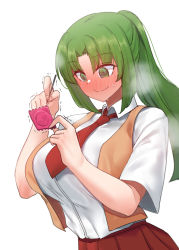 Rule 34 | 1girl, blush, breasts, condom, full-face blush, glint, green eyes, green hair, higurashi no naku koro ni, holding, holding condom, holding needle, huge breasts, looking at object, moonjunk, necktie, needle, parted bangs, pleated skirt, ponytail, ringed eyes, school uniform, simple background, skirt, solo, sonozaki mion, steam, sweat, tented shirt, trembling, upper body, white background