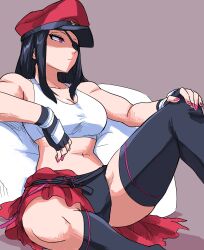 Rule 34 | 1girl, alternate costume, black gloves, black hair, black thighhighs, breasts, cleavage, commentary, commentary request, english commentary, eyepatch, fingerless gloves, gloves, grey background, han juri, hat, highres, ilo a5, long hair, looking ahead, medium breasts, mixed-language commentary, navel, peaked cap, pink eyes, pink nails, red hat, simple background, sitting, solo, street fighter, thighhighs