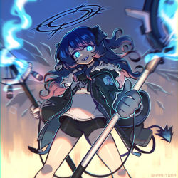 Rule 34 | 1girl, :d, absurdres, arknights, artist name, asymmetrical gloves, black gloves, black jacket, black shorts, black wings, blue background, blue eyes, blue fire, blue hair, blue tongue, chest strap, colored tongue, dark halo, demon girl, demon horns, demon tail, detached wings, dual wielding, energy wings, feet out of frame, fire, foreshortening, gloves, glowing, glowing eyes, gradient background, halo, highres, holding, holding staff, hood, hood down, hooded jacket, horns, jacket, long hair, long sleeves, looking at viewer, mismatched gloves, mostima (arknights), open clothes, open jacket, open mouth, sharktuna, shirt, shorts, simple background, smile, solo, staff, tail, teeth, upper teeth only, white gloves, white shirt, wings, yellow background