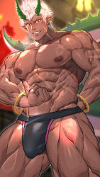 Rule 34 | 1boy, abs, bara, biceps, blurry, blurry background, bulge, dark-skinned male, dark skin, dragon tail, ear piercing, earrings, firenzesaika, flexing, frown, green eyes, highres, horns, jewelry, jockstrap, large pectorals, looking at viewer, male focus, male underwear, manly, mature male, muscular, muscular male, navel, navel hair, nipples, no pants, original, pectorals, piercing, pointy ears, scar, scar on arm, scar on face, scar on stomach, slit pupils, smirk, solo, spiked hair, tail, teeth, thick arms, thick thighs, thighs, topless male, underwear, veins, veiny arms, white hair, wristband