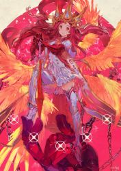 Rule 34 | 1girl, absurdres, armor, bird, chain, closed mouth, crown, feathered wings, feathers, gauntlets, highres, holding, holding sword, holding weapon, long hair, single mechanical hand, original, red eyes, red hair, silhouette, smile, solo, sparkle, sword, taiki (luster), vambraces, weapon, wings