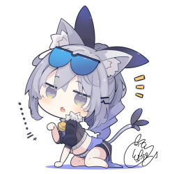 Rule 34 | 1girl, animal ear fluff, animal ears, barefoot, bell, beni shake, black jacket, black ribbon, black shorts, blush, cat ears, cat girl, cat tail, chibi, colored shadow, commentary request, fang, full body, fur-trimmed jacket, fur trim, goggles, goggles on head, grey eyes, grey hair, hair ornament, hair ribbon, hairclip, honkai: star rail, honkai (series), jacket, jingle bell, kemonomimi mode, looking at viewer, neck bell, notice lines, open mouth, ponytail, puffy short sleeves, puffy sleeves, ribbon, ringlets, shadow, short shorts, short sleeves, shorts, signature, silver wolf (honkai: star rail), simple background, solo, tail, tail ornament, tail ribbon, translation request, white background