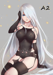 Rule 34 | 1girl, android, arm at side, armlet, asymmetrical legwear, bare shoulders, black gloves, black shorts, black thighhighs, blue eyes, breasts, camisole, character name, collarbone, covered erect nipples, cowboy shot, derivative work, elbow gloves, garter straps, gloves, hair between eyes, hair over one eye, hand to head, hand up, hands on own face, haohe buguo, highres, joints, legs together, lips, long hair, medium breasts, mole, mole under mouth, nier:automata, nier (series), parted lips, pink lips, robot joints, short shorts, shorts, silver hair, sitting, sleeveless, solo, tank top, teeth, thighhighs, uneven legwear, very long hair, a2 (nier:automata)