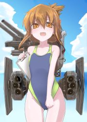 Rule 34 | 10s, 1girl, alternate costume, ariyoshi gen, bare shoulders, blush, brown eyes, brown hair, cannon, clipboard, competition swimsuit, folded ponytail, hair up, highleg, highleg swimsuit, inazuma (kancolle), kantai collection, mecha musume, one-piece swimsuit, smile, solo, sweatdrop, swimsuit, turret