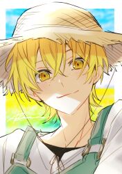 Rule 34 | 1boy, absurdres, blonde hair, blue overalls, brown hat, bungou stray dogs, closed mouth, freckles, hat, highres, looking at viewer, male focus, miyazawa kenji (bungou stray dogs), overalls, r1kuuw, shirt, short hair, smile, solo, straw hat, upper body, white shirt, yellow eyes