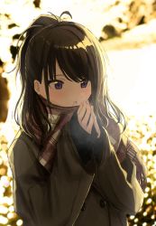 Rule 34 | 1girl, antenna hair, black hair, blush, breath, coat, commentary request, highres, idolmaster, idolmaster shiny colors, kazano hiori, kuro fjmy, lights, mole, mole under mouth, open mouth, ponytail, purple eyes, scarf, solo, warming hands, winter clothes, winter coat