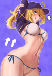 Rule 34 | 1girl, ahoge, arms behind head, arms up, artoria pendragon (fate), baseball cap, bikini, blonde hair, blue eyes, blue hat, blue jacket, blush, breasts, cleavage, cropped jacket, fate/grand order, fate (series), female focus, hair between eyes, hair through headwear, hat, highres, jacket, large breasts, licking lips, long hair, long sleeves, looking at viewer, mysterious heroine x (fate), mysterious heroine xx (fate), navel, ponytail, shrug (clothing), sidelocks, simple background, smile, solo, swimsuit, thighs, tongue, tongue out, white bikini, wristband, yoshimoto (carpsukidayo)