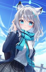 Rule 34 | 1girl, absurdres, animal ears, black skirt, blue archive, blue eyes, blue halo, blue jacket, blue necktie, blue scarf, blue sky, blush, buttoned cuffs, buttons, closed mouth, cloud, commentary, cross hair ornament, day, grey hair, hair ornament, halo, highres, jacket, long sleeves, looking to the side, moorina, necktie, outdoors, plaid, plaid skirt, scarf, shiroko (blue archive), shirt, skirt, sky, solo, white shirt