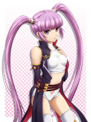 Rule 34 | 1girl, belt, breasts, c.c., c.c. (cosplay), checkered background, code geass, cosplay, detached sleeves, highres, kiikii (kitsukedokoro), long hair, midriff, pink background, purple eyes, purple hair, small breasts, solo, sophie (tales), tales of (series), tales of graces, twintails, very long hair